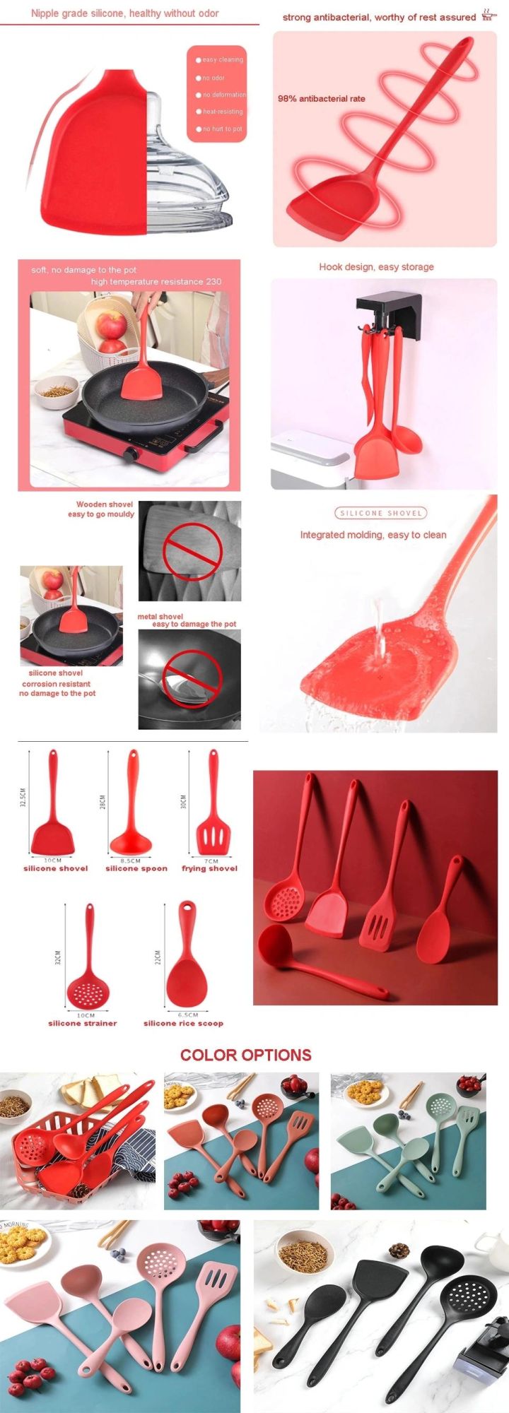 Custom Molded Colorful Silicone Kitchenware Set/Silicone Spoon/Cooking Shovel/Silicon Shovel