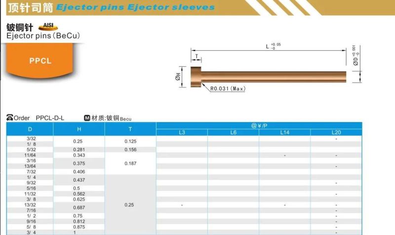 Ppcl Ppcm Plastic Mold Parts Ejector Pins (BeCu)