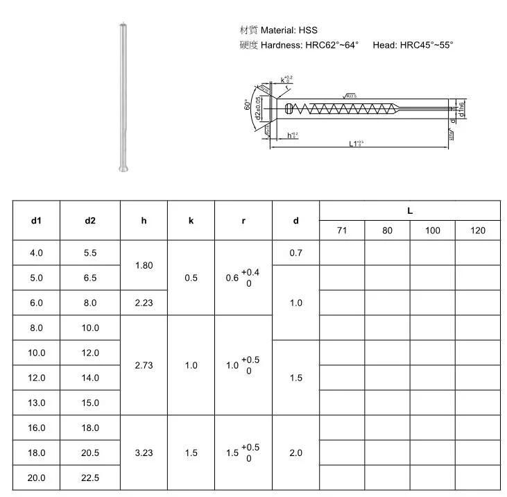 DIN 1/16 Punch Ejector Pin Punch Die Tungsten Carbide HSS
