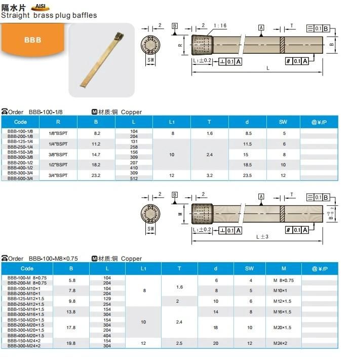 Wmould Bbb Straight Brass Plug Baffles for Injection Mould