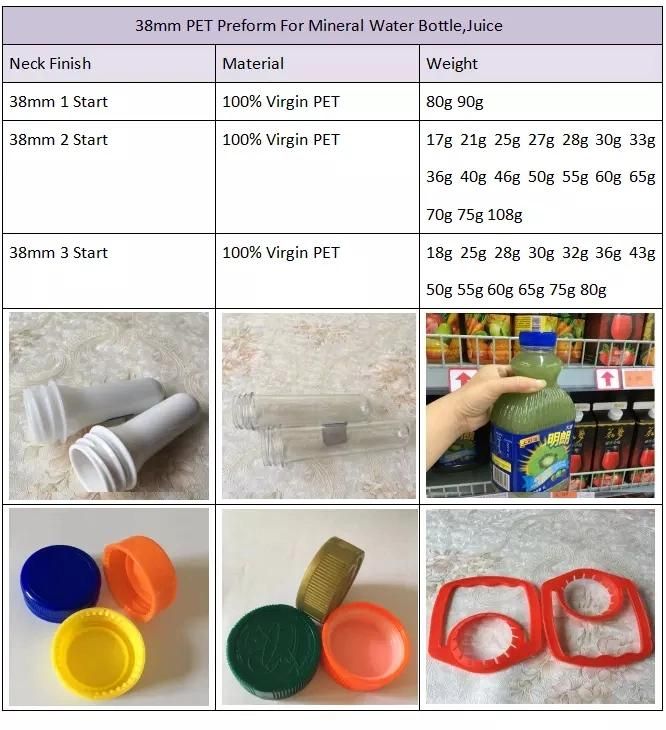 18mm/20mm/24mm/26mm/28mm/30mm/38mm Multi-Gram Pet Preform Water Bottle Cosmetic Packaging Food Grade