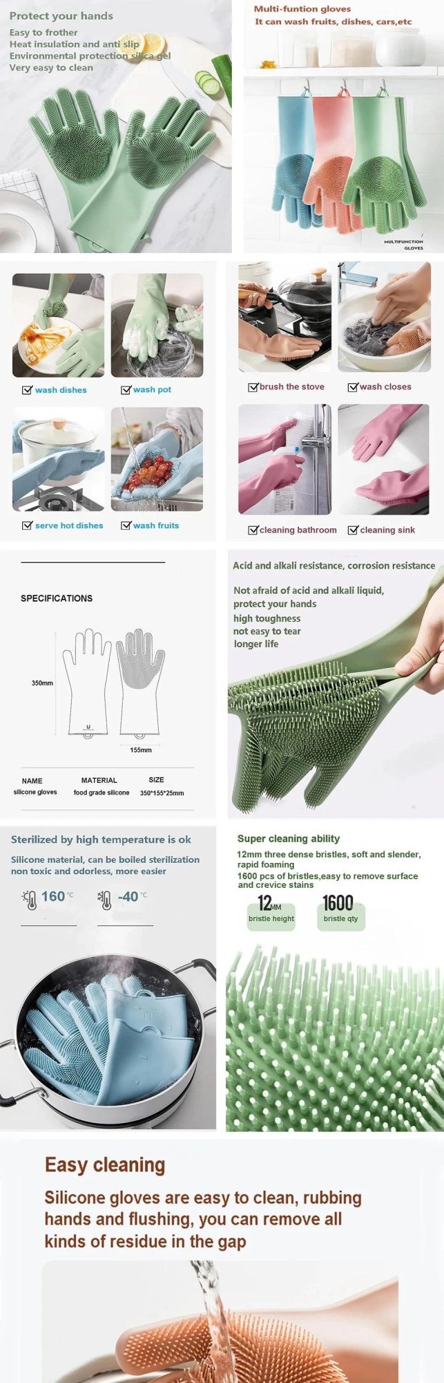 Customized Mold Heat-Resistant Kitchen Cleaning Multi-Functional Sponge Brush Silicone Gloves