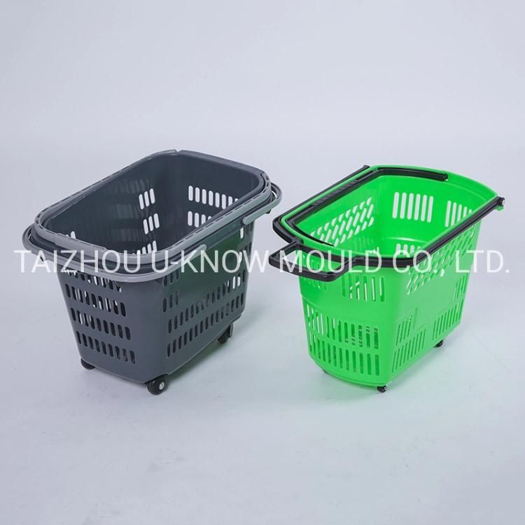 Plastic Supermarket Shopping Basket Injection Mould with Handle Wheels Plastic Basket Mold